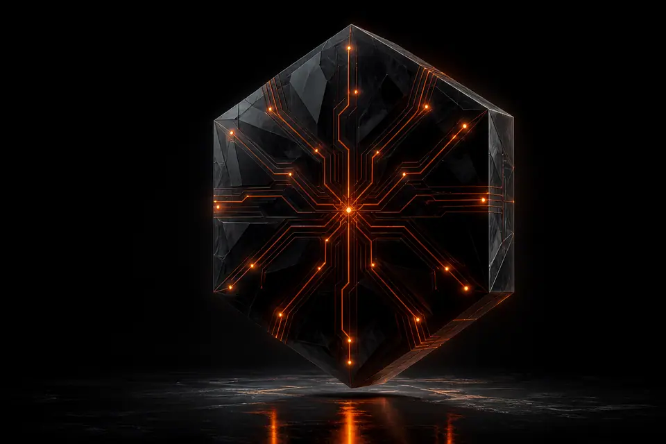 A faceted obsidian hexagonal monolith with orange circuit traces hovering above a reflective floor