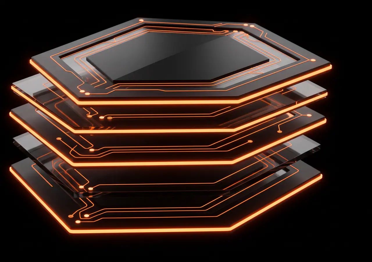 Five obsidian hexagonal slabs stacked in an exploded view, each edge lit orange