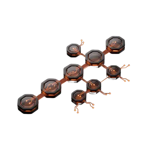 A chain of hexagonal nodes linked by orange light, one node branching into many