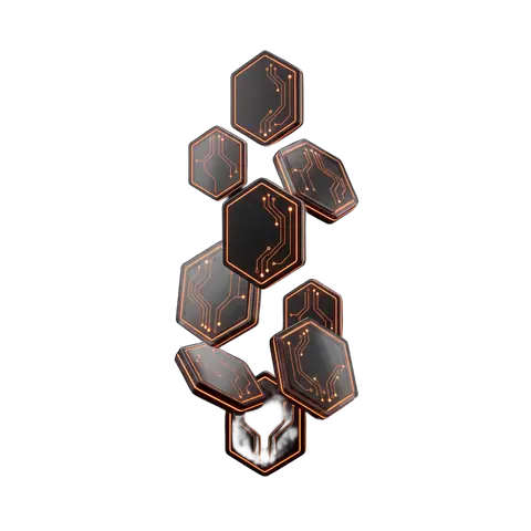 Hexagonal obsidian tiles lifting off a surface and floating upward with orange edge light