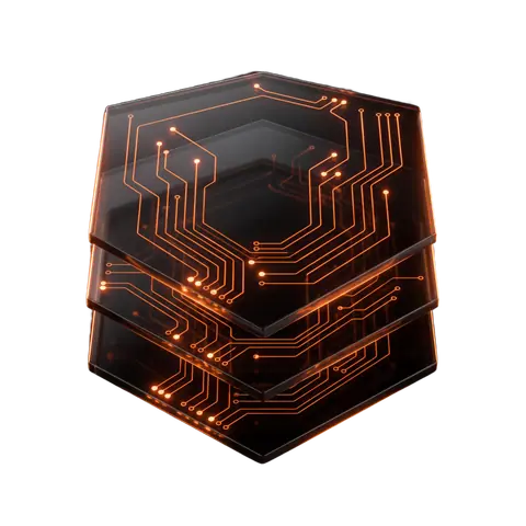 Three dark glass panes stacked with orange circuit traces flowing between them