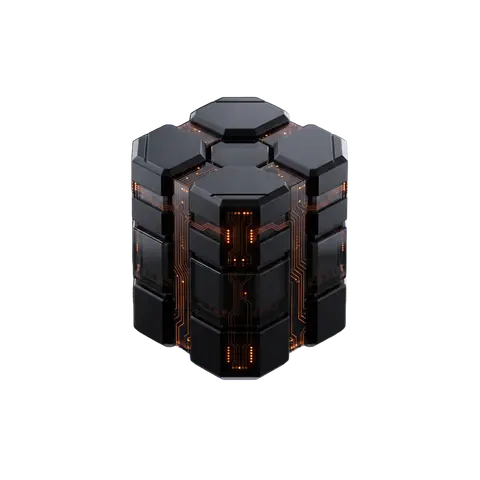 A compact obsidian server block built from stacked hexagonal modules with orange status lights
