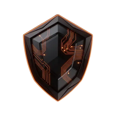 A faceted obsidian hexagonal shield with a thin seam of orange light around its perimeter