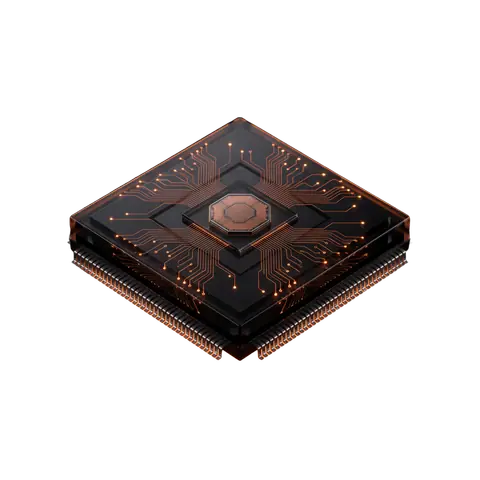 An obsidian chip die with etched micro-traces and orange light leaking from underneath